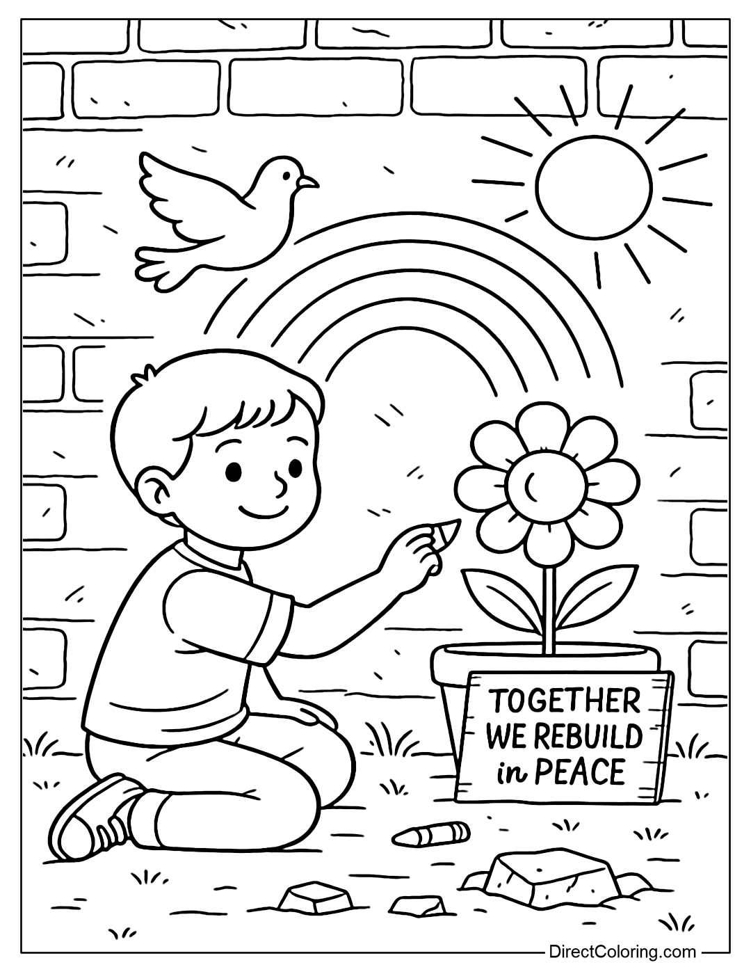 A coloring page of a child drawing a picture with a rainbow, birds and the sun on an old brick wall.